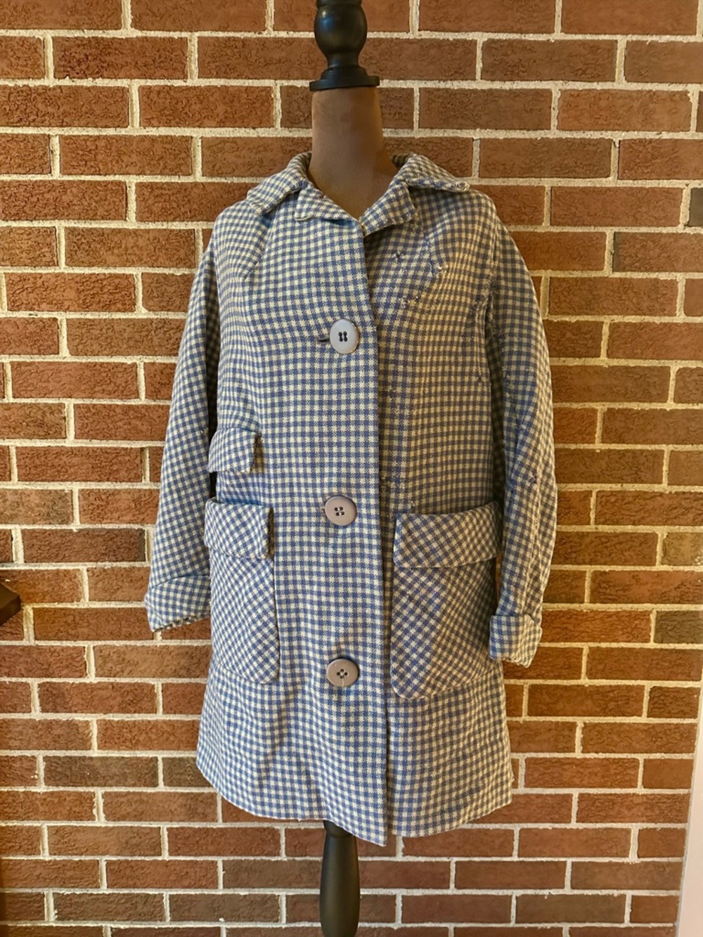 Vintage Refurbished Mono London Blue Cream Gingham Coat Large Buttons, Size S
